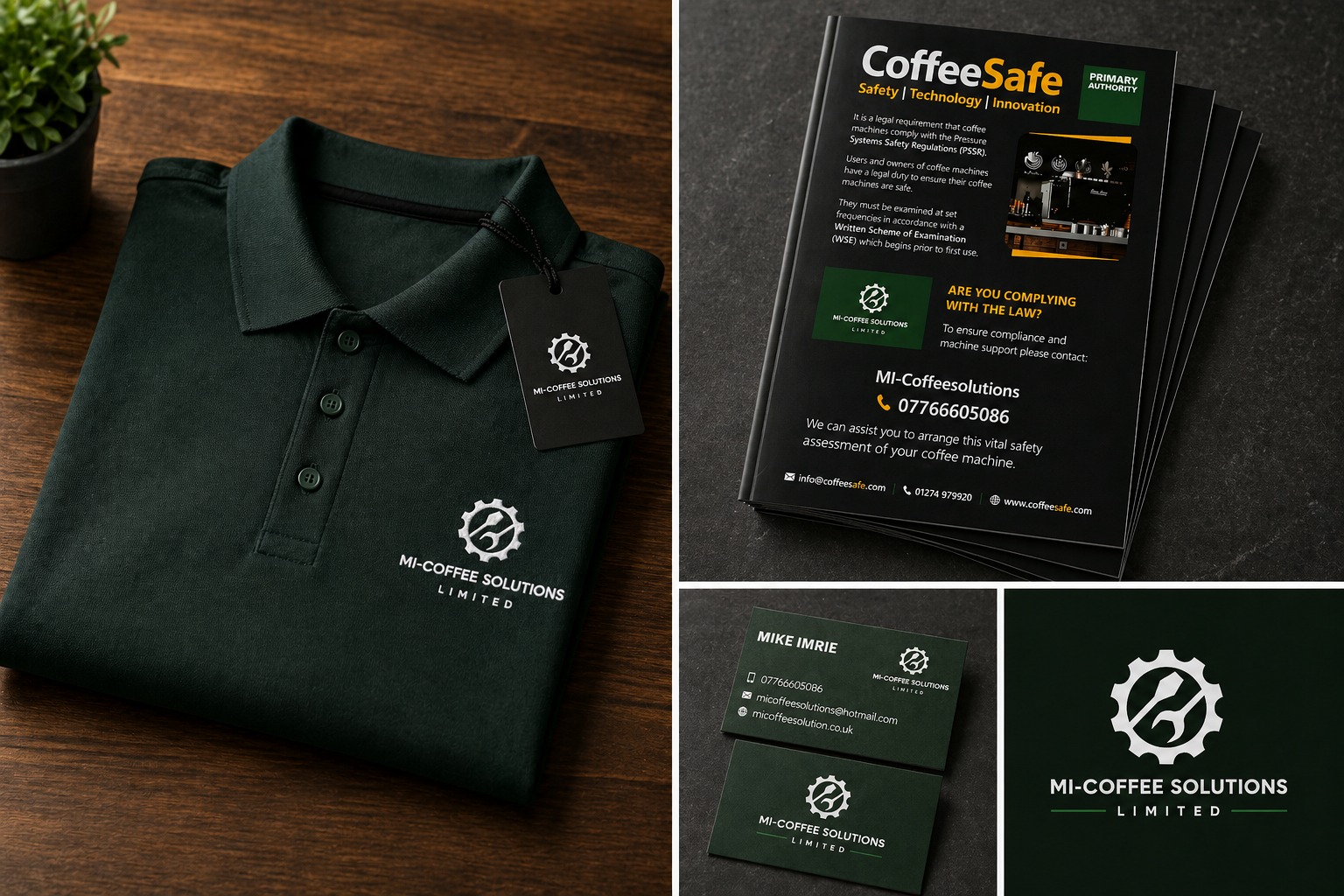 MI-Coffee Solutions branding — polo, compliance flyers and business cards